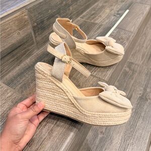 Beige bowknot platform espadrille wedge sandals